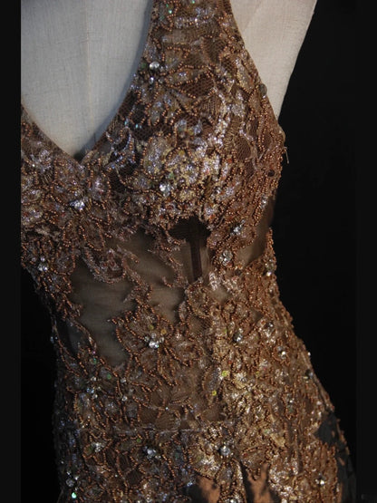 Vintage Meerjungfrauen-Kleid im 80er-Jahre-Stil, Neckholder, Schokoladenbraunes Taftkleid mit Schlitz und Perlen, Langes Ballkleid, Inspiration für Geburtstagsoutfits, Abendkleider AS404