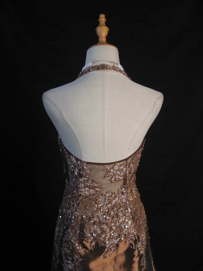 Vintage Meerjungfrauen-Kleid im 80er-Jahre-Stil, Neckholder, Schokoladenbraunes Taftkleid mit Schlitz und Perlen, Langes Ballkleid, Inspiration für Geburtstagsoutfits, Abendkleider AS404