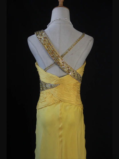 Robe de bal longue rétro années 50, sirène, bretelles irrégulières, en mousseline jaune ornée de perles et de volants - Inspiration pour une tenue de 21e anniversaire - Robe de soirée AS405