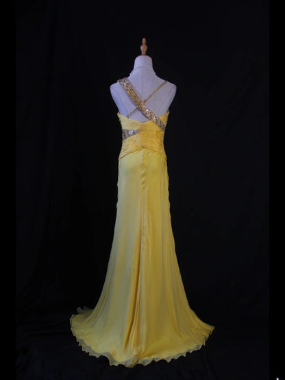Robe de bal longue rétro années 50, sirène, bretelles irrégulières, en mousseline jaune ornée de perles et de volants - Inspiration pour une tenue de 21e anniversaire - Robe de soirée AS405