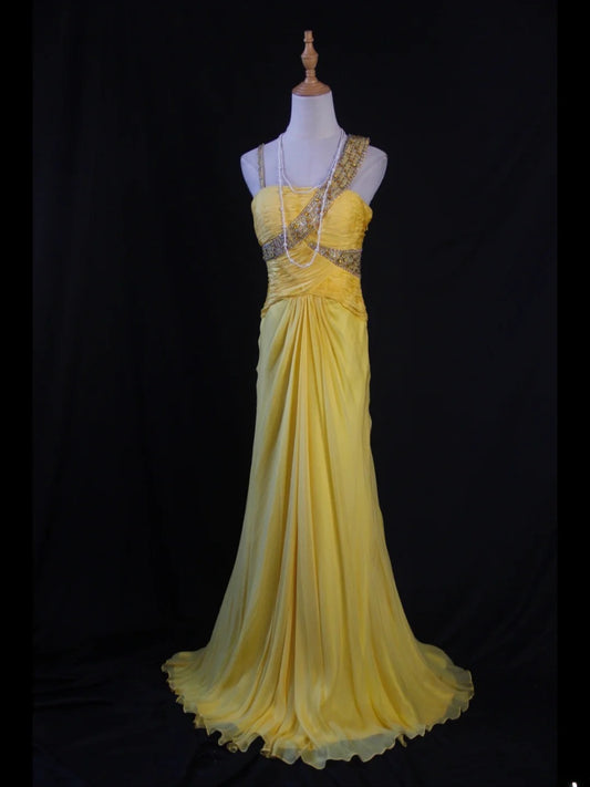 Retro 1950s Mermaid Irregular Straps Yellow Chiffon With Beads Ruffled Long Prom Dresses Inspo 21st Birthday Outfit Formal Gown AS405