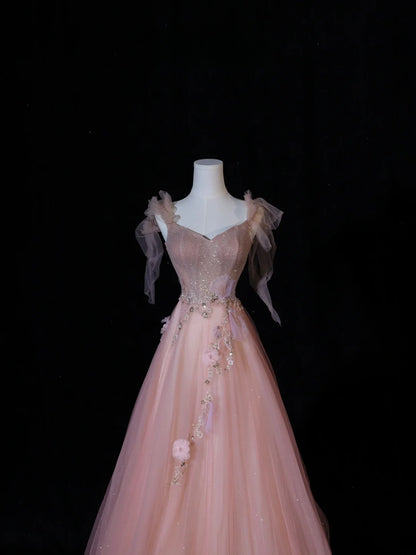 Elegante, schlichte Ballkleider im A-Linien-Stil mit Spaghettiträgern aus rosa Tüll – Inspiration für ein beeindruckendes, langes Abendkleid für Teenager und Gymnasien (AS408)