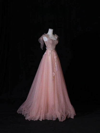 Elegante, schlichte Ballkleider im A-Linien-Stil mit Spaghettiträgern aus rosa Tüll – Inspiration für ein beeindruckendes, langes Abendkleid für Teenager und Gymnasien (AS408)