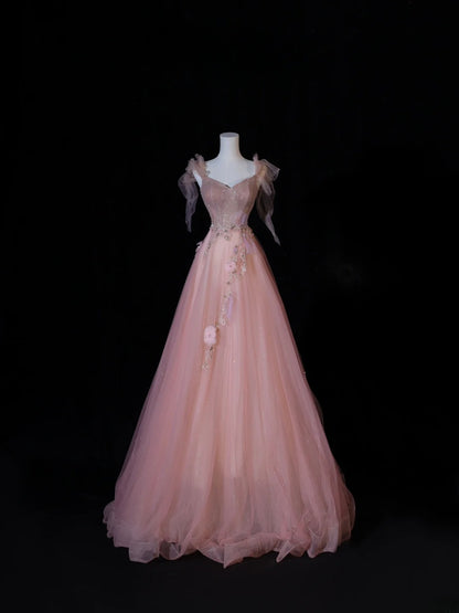 Elegante, schlichte Ballkleider im A-Linien-Stil mit Spaghettiträgern aus rosa Tüll – Inspiration für ein beeindruckendes, langes Abendkleid für Teenager und Gymnasien (AS408)