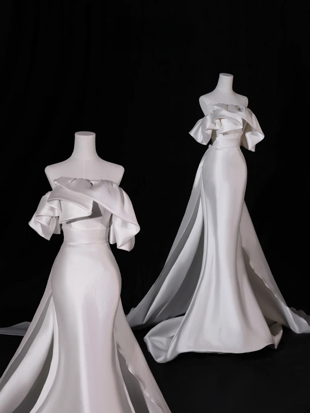 Schlichtes, langes Brautkleid im Meerjungfrauen-Stil, trägerlos, aus seidigem Satin, mit plissiertem Oberteil und Schleppe, figurbetontes Brautkleid AS409
