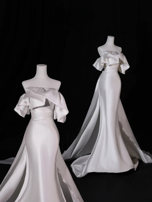 Simple Long Wedding Dresses Mermaid Strapless Silky Satin Style for Bride With Pleated Bodice Train Fitted Bridal Dresses AS409