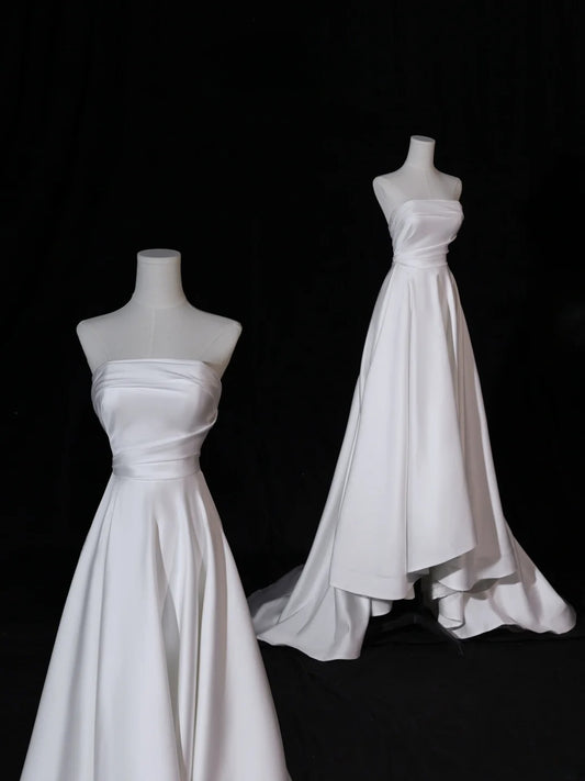 Simple Long Wedding Dresses A Line Strapless Silky Satin Style for Bride With Pleated Bodice Train White Fitted Bridal Dresses AS410