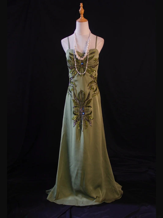 Retro 1950s A Line Spaghetti Straps Olive Green Chiffon With Beads Long Prom Dresses Inspo 21st Birthday Outfit Formal Gown AS412
