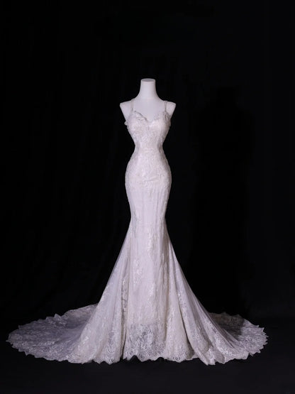 Classic Mermaid Spaghetti Strap Lace Tulle Wedding Gown Style for Bride With Fitted Petite Plus Size Bridal Dress AS412