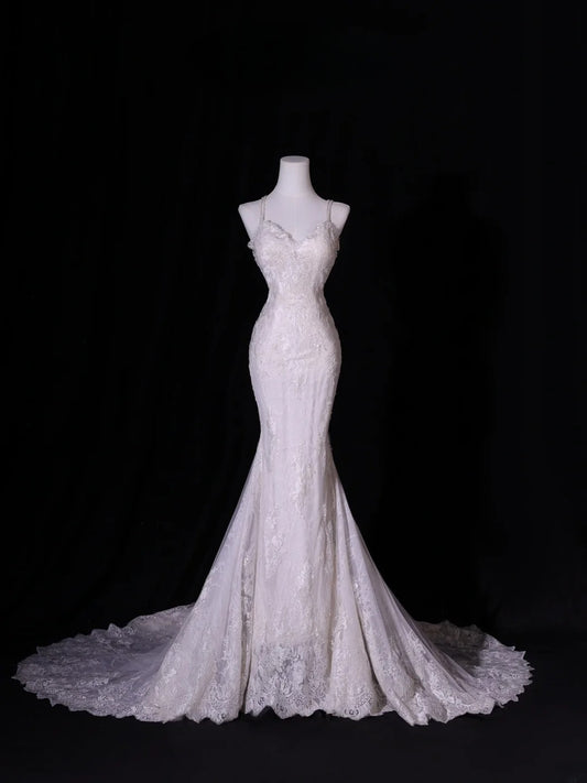 Classic Mermaid Spaghetti Strap Lace Tulle Wedding Gown Style for Bride With Fitted Petite Plus Size Bridal Dress AS412