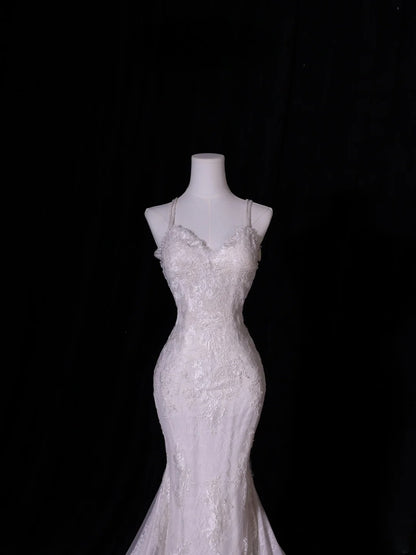 Classic Mermaid Spaghetti Strap Lace Tulle Wedding Gown Style for Bride With Fitted Petite Plus Size Bridal Dress AS412