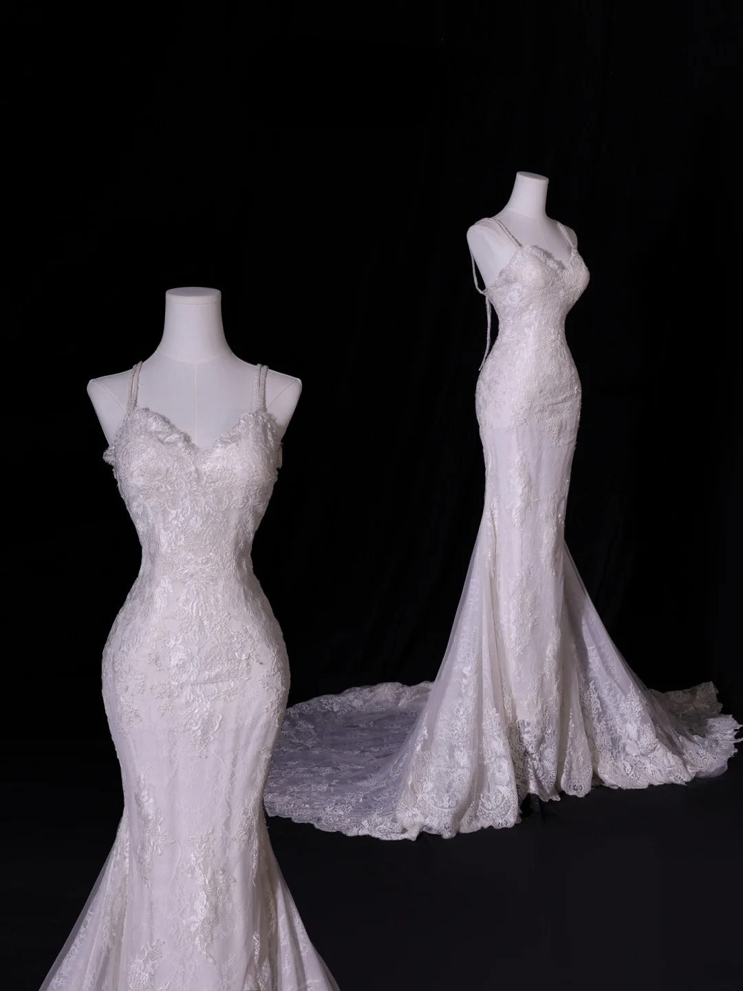Classic Mermaid Spaghetti Strap Lace Tulle Wedding Gown Style for Bride With Fitted Petite Plus Size Bridal Dress AS412