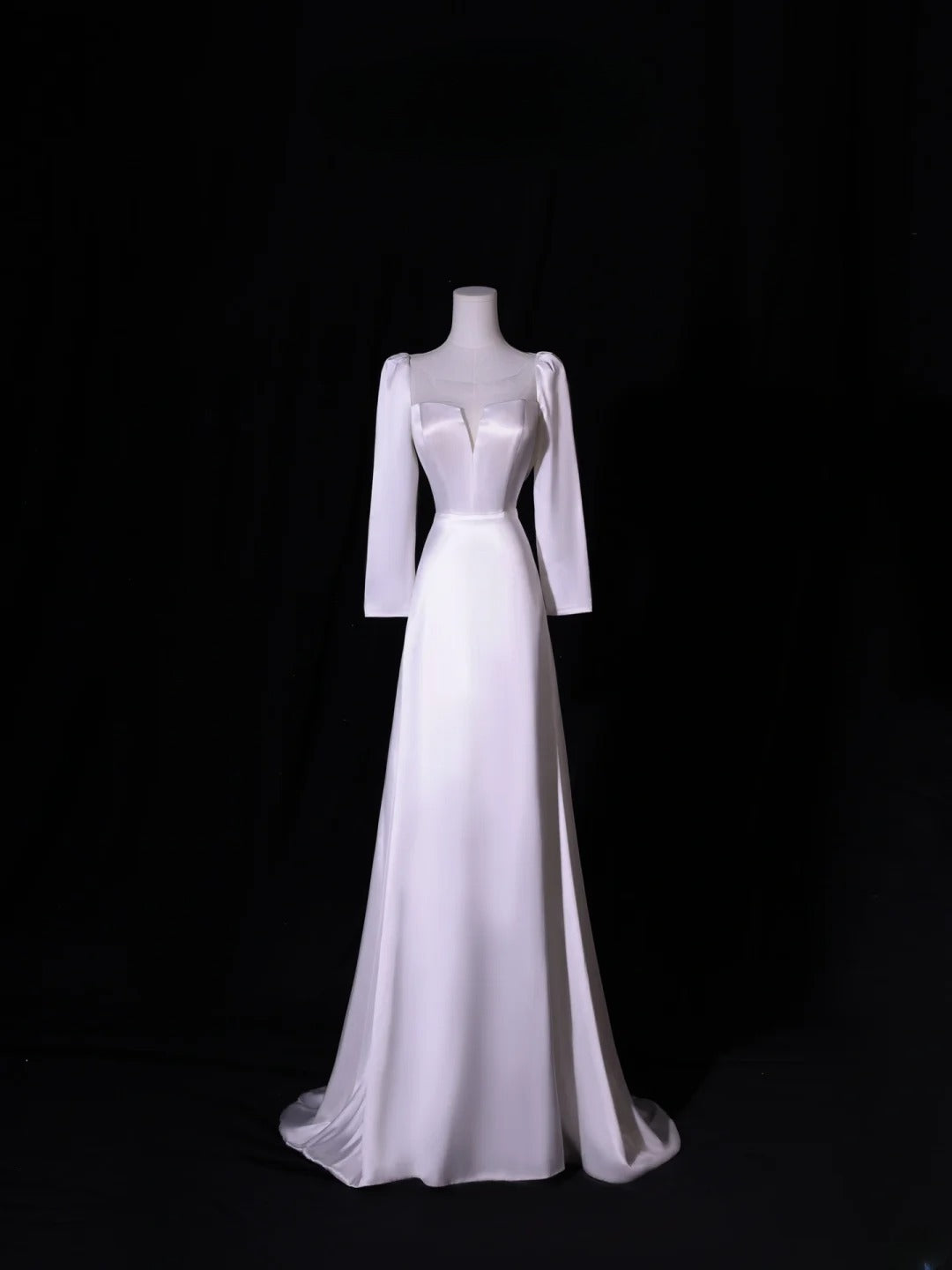 Simple Long Wedding Dresses A Line Square Neck Long Sleeves Silky Satin Style For Brides White Fitted Bridal Dresses AS413