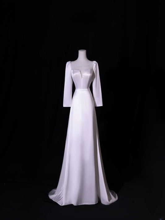 Simple Long Wedding Dresses A Line Square Neck Long Sleeves Silky Satin Style For Brides White Fitted Bridal Dresses AS413