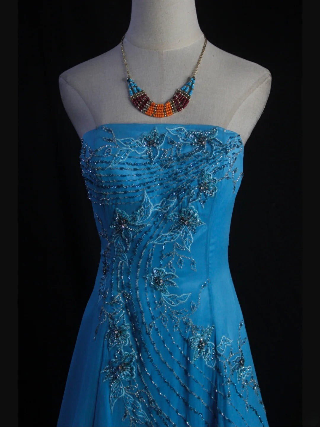 Vintage A line Strapless Blue Chiffon 1950s With Beads Bodice Long Prom Dresses Inspo Birthday Outfit Party Gown AS413