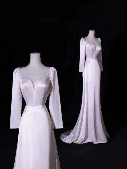 Simple Long Wedding Dresses A Line Square Neck Long Sleeves Silky Satin Style For Brides White Fitted Bridal Dresses AS413