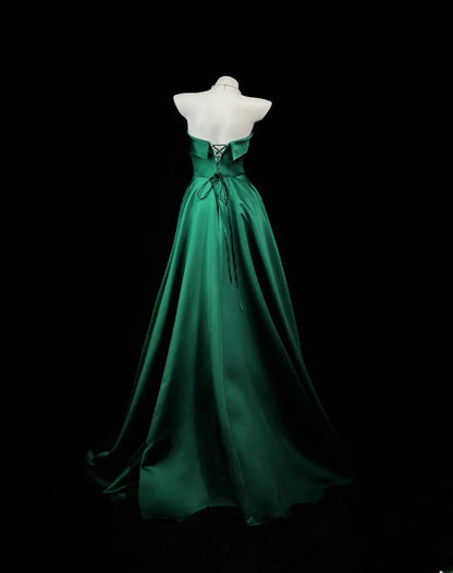 Simple Prom Dresses A line Strapless Dark Green Satin Long Party Formal Outfits RB6229