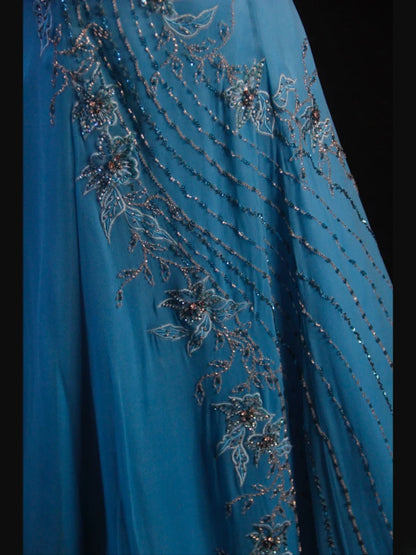 Vintage A line Strapless Blue Chiffon 1950s With Beads Bodice Long Prom Dresses Inspo Birthday Outfit Party Gown AS413
