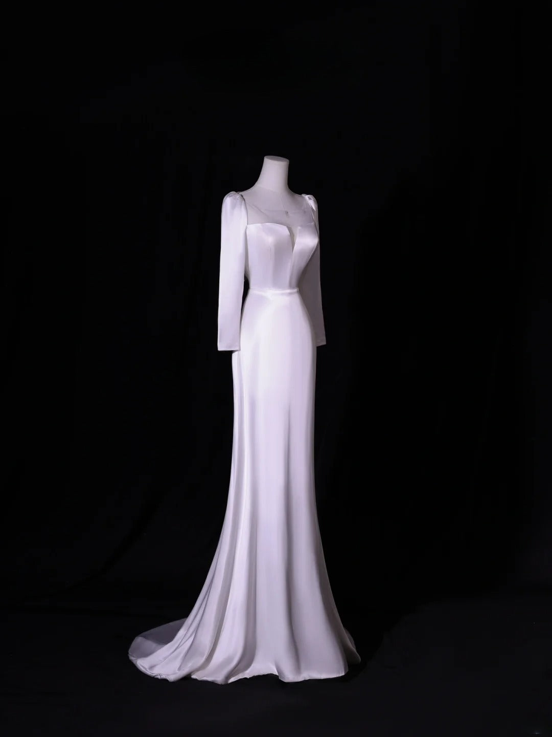 Simple Long Wedding Dresses A Line Square Neck Long Sleeves Silky Satin Style For Brides White Fitted Bridal Dresses AS413