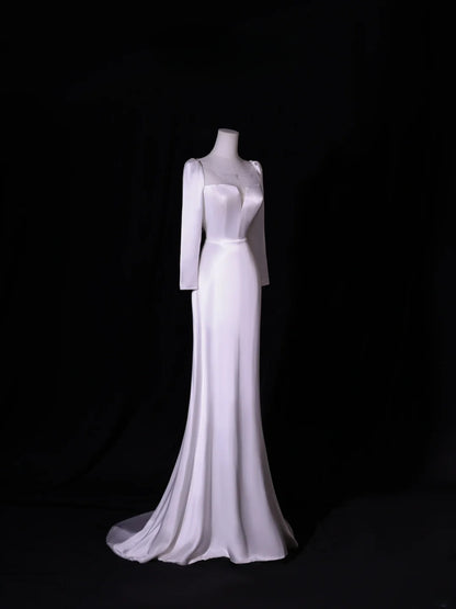 Simple Long Wedding Dresses A Line Square Neck Long Sleeves Silky Satin Style For Brides White Fitted Bridal Dresses AS413