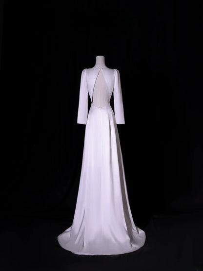 Simple Long Wedding Dresses A Line Square Neck Long Sleeves Silky Satin Style For Brides White Fitted Bridal Dresses AS413
