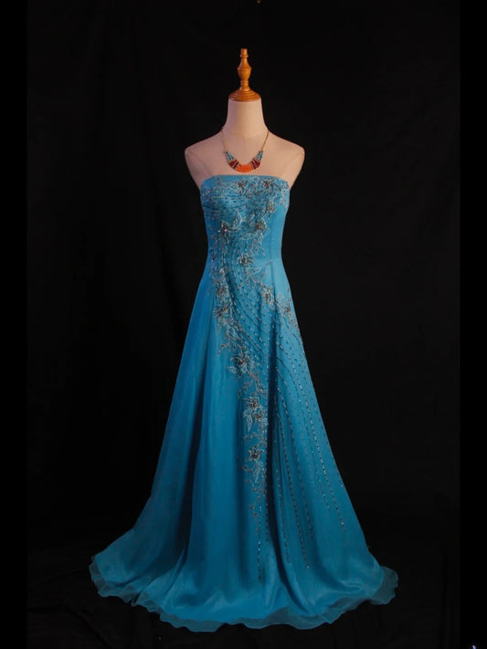 Robe de bal longue vintage années 1950, bustier bleu en mousseline, coupe trapèze, ornée de perles, idéale pour un anniversaire ou une soirée (AS413).
