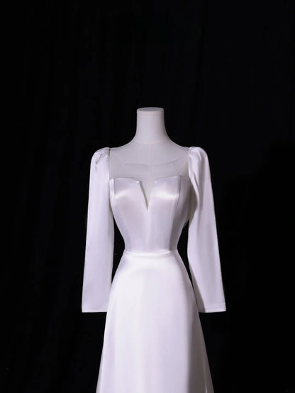 Simple Long Wedding Dresses A Line Square Neck Long Sleeves Silky Satin Style For Brides White Fitted Bridal Dresses AS413