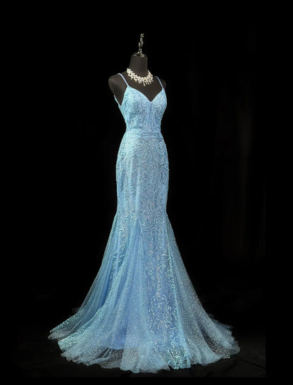 Vintage Prom Dresses Mermaid Spaghetti Strap Light Sky Blue Lace 1950s Retro Classy Party Formal Outfits RB6231