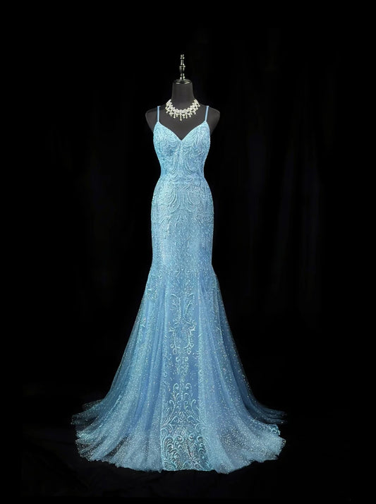 Vintage Prom Dresses Mermaid Spaghetti Strap Light Sky Blue Lace 1950s Retro Classy Party Formal Outfits RB6231