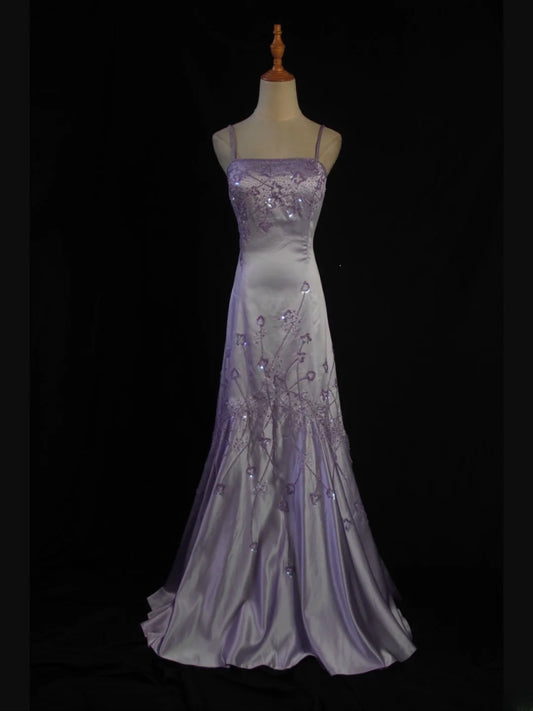 Retro 1950s Mermaid Spaghetti Straps Lilac Satin With Beads Long Prom Dresses Inspo 21st Birthday Outfit Formal Gown AS414