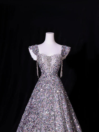 Elegantes Ballkleid mit Herzausschnitt, silber-grauen Pailletten, lang – Inspiration für Damen und Mädchen, formelle Partykleider, lange formelle Abiballkleider AS415