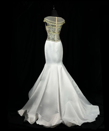 Sparkly Prom Dresses Mermaid Scoop Neck White Satin Tulle With Beads Long Party Formal Outfits RB6233