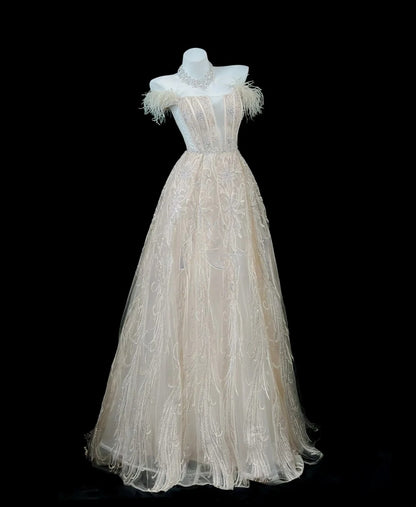 Charming Prom Dresses Ball Gown Off The Shoulder White Tulle With Feather Night Evening Formal Outfits RB6234