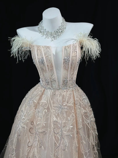 Charming Prom Dresses Ball Gown Off The Shoulder White Tulle With Feather Night Evening Formal Outfits RB6234