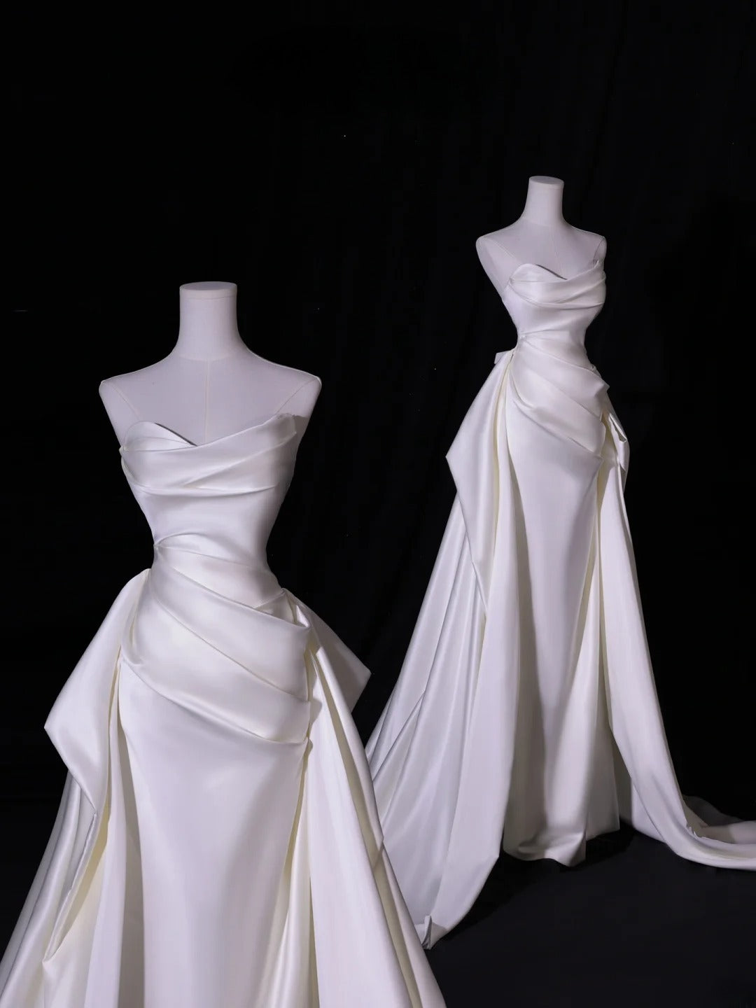 Robe de mariée longue et simple, style sirène, blanche, en satin plissé, coupe ajustée, AS418