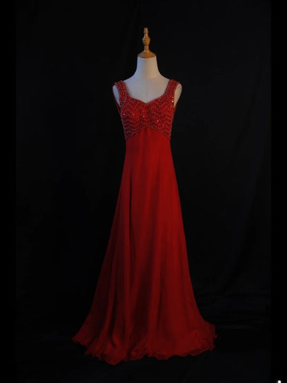 Vintage A Line Sweetheart Red Chiffon 1950s With Beaded Bodice Long Prom Max Dresses Inspo Birthday Outfit Formal Dress For Women AS419