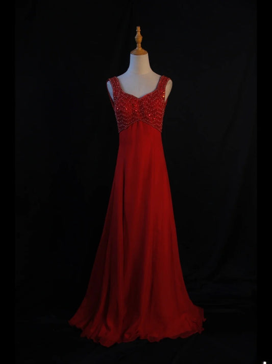 Robe longue vintage en mousseline rouge à décolleté cœur, coupe trapèze, style années 1950, avec corsage perlé. Inspiration pour une tenue de bal, d'anniversaire ou une robe de soirée pour femme (AS419).