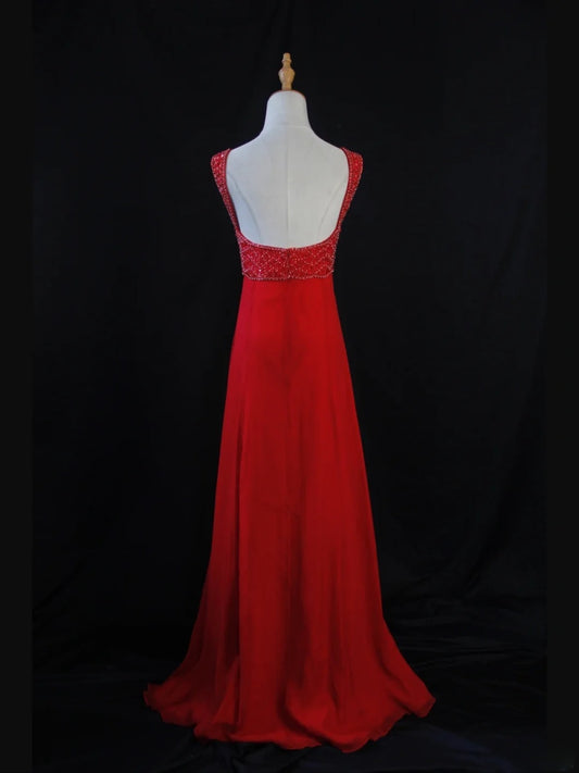 Robe longue vintage en mousseline rouge à décolleté cœur, coupe trapèze, style années 1950, avec corsage perlé. Inspiration pour une tenue de bal, d'anniversaire ou une robe de soirée pour femme (AS419).