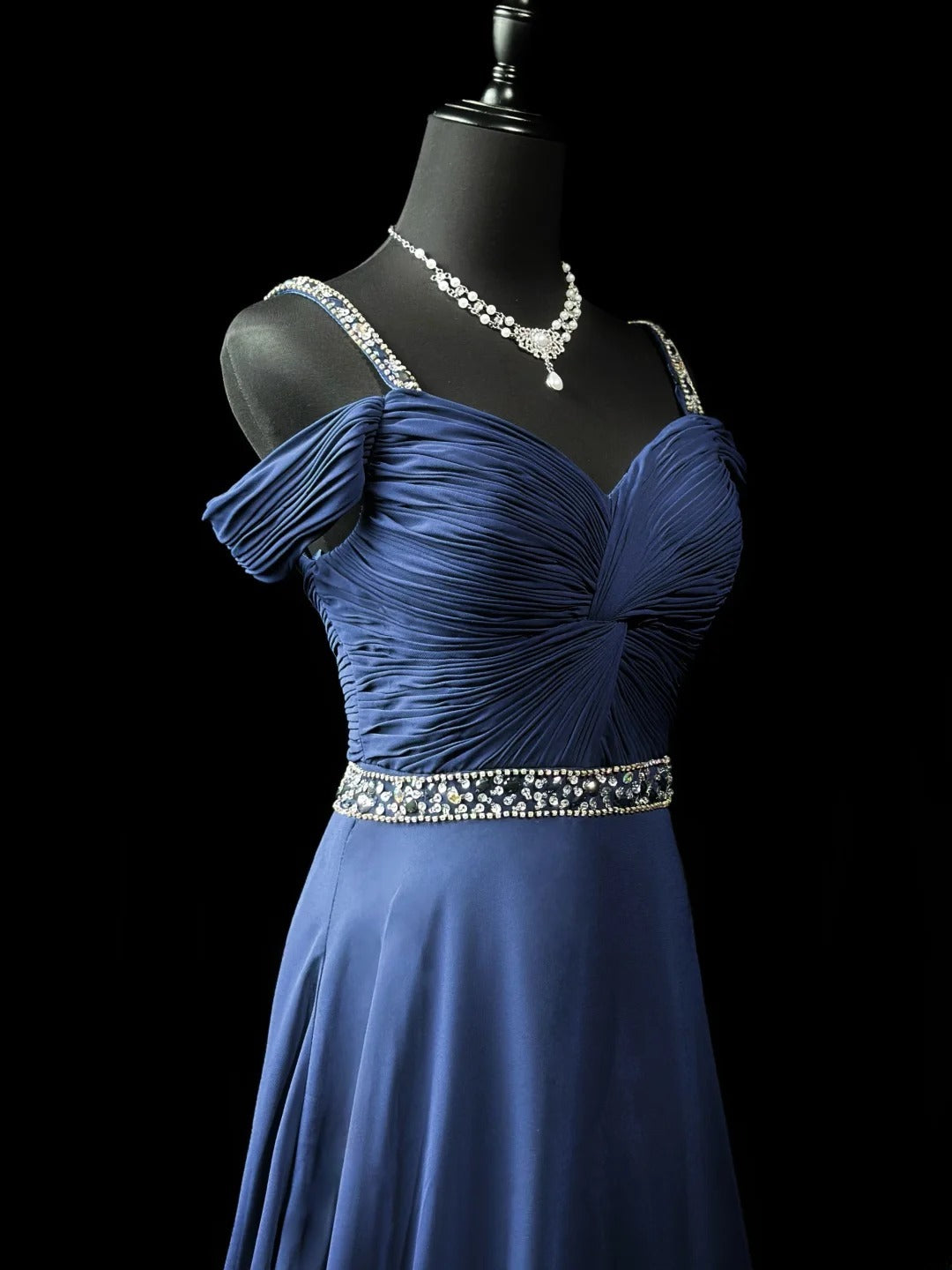 Vintage Prom Dresses A line Spaghetti Strap Navy Blue Chiffon 1950s Retro Classy Party Formal Outfits RB6237