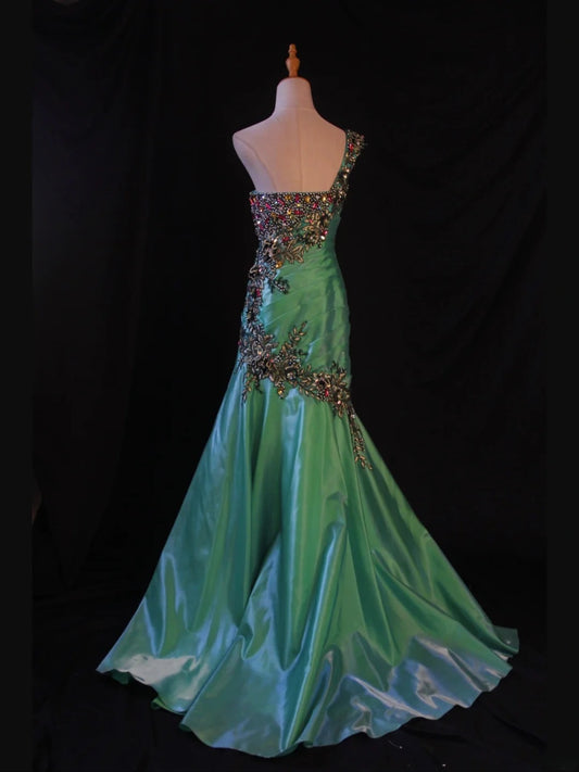 Retro 1950s Mermaid One Shoulder Dark Green Satin With Beads Long Prom Dresses Inspo 22th Birthday Outfit Formal Dress AS421