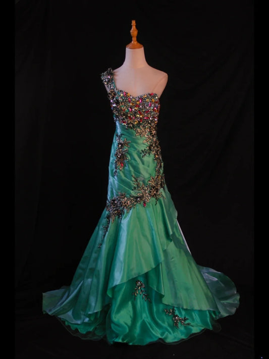 Retro 1950s Mermaid One Shoulder Dark Green Satin With Beads Long Prom Dresses Inspo 22th Birthday Outfit Formal Dress AS421