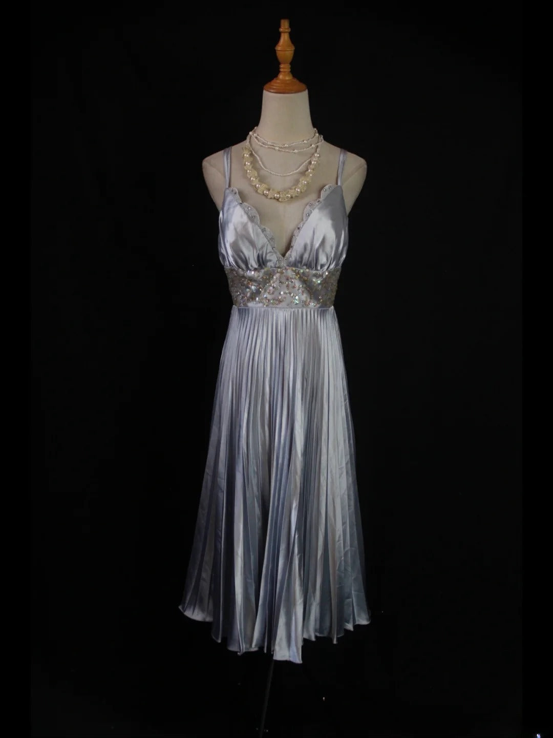 Vintage A Line Spaghetti Straps Silver Gray 1950s With Beaded Bodice Tea Length Prom Max Dresses Inspo Birthday Outfit Formal Dress For Women AS423