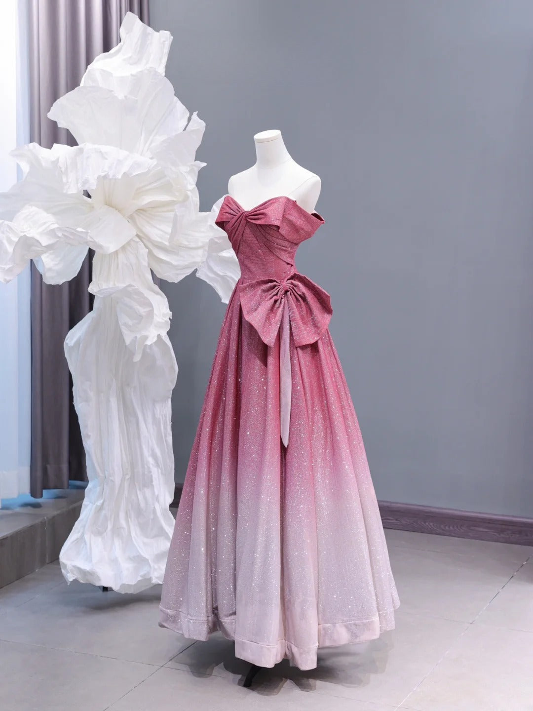 Chic A line Off The Shoulder Pink White Ombre Sequin Long Prom Formal Fancy Evening Dresses Dinner Outfits Classy Party Gowns AS424