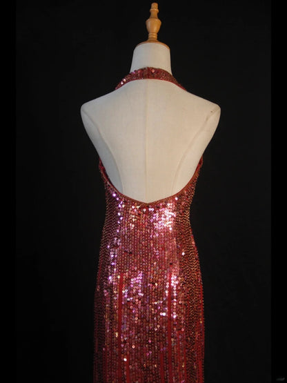 Vintage A Line Halter Burgundy Sequins 1950s With Slit Beaded Bodice Long Prom Dresses Inspo Birthday Outfit Formal Dress For Woman AS426