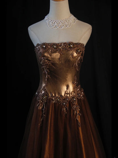 Vintage A Line Strapless 80s With Beaded Appliqued Bodice Long Prom Max Dresses Inspo Birthday Outfit Formal Dress For Women AS428