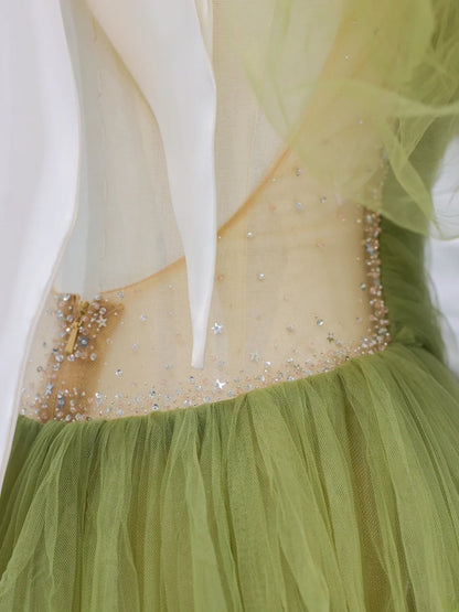 Modest Prom Dresses Aesthetic A Line One Shoulder Sage Green Tulle Inspiration Impress Long Party Formal Gown For Teenagers High Schools AS432
