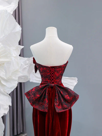 Chic Sheath Sweetheart Burgundy Velvet Long Prom Formal Fancy Evening Dresses Dinner Outfits Classy Party Gowns AS433