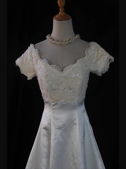 Retro 1950s Wedding Dresses for Bride Ball Gown V Neck With Short Beads Sleeves Lace Petite/Plus Size Bridal Gowns for Summer Wedding AS433