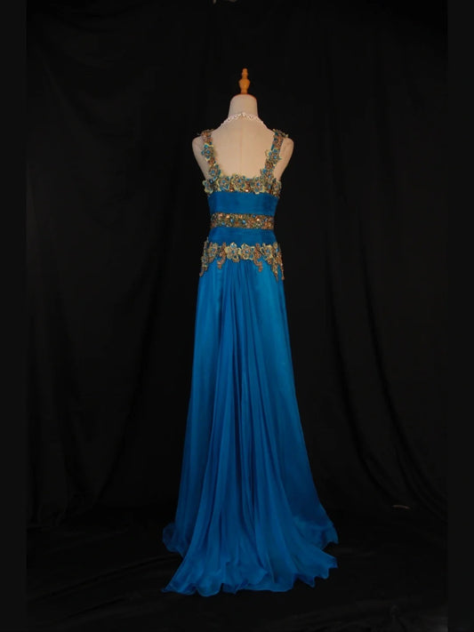 Robe de bal longue vintage années 80, coupe trapèze, col en V, corsage orné d'appliqués de perles dorées. Inspiration pour une tenue de 18 ans ou une robe de soirée pour femme (AS434).