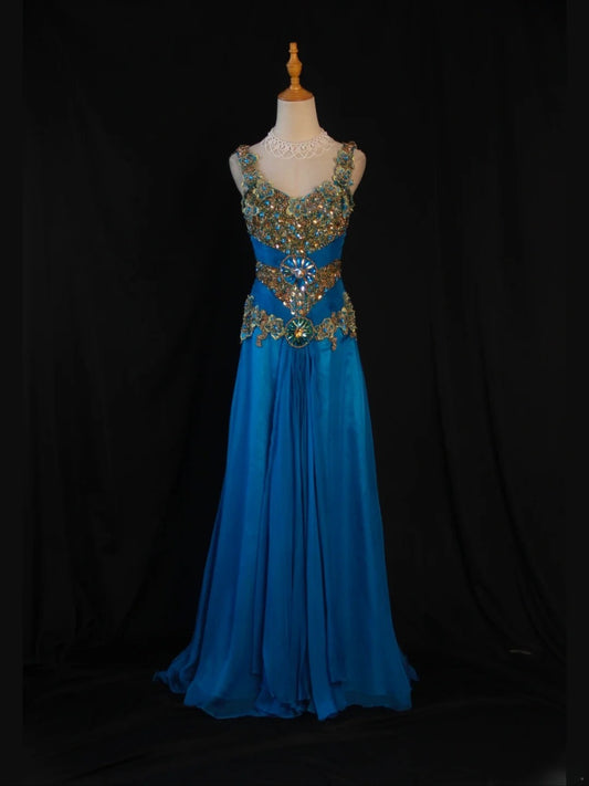 Robe de bal longue vintage années 80, coupe trapèze, col en V, corsage orné d'appliqués de perles dorées. Inspiration pour une tenue de 18 ans ou une robe de soirée pour femme (AS434).